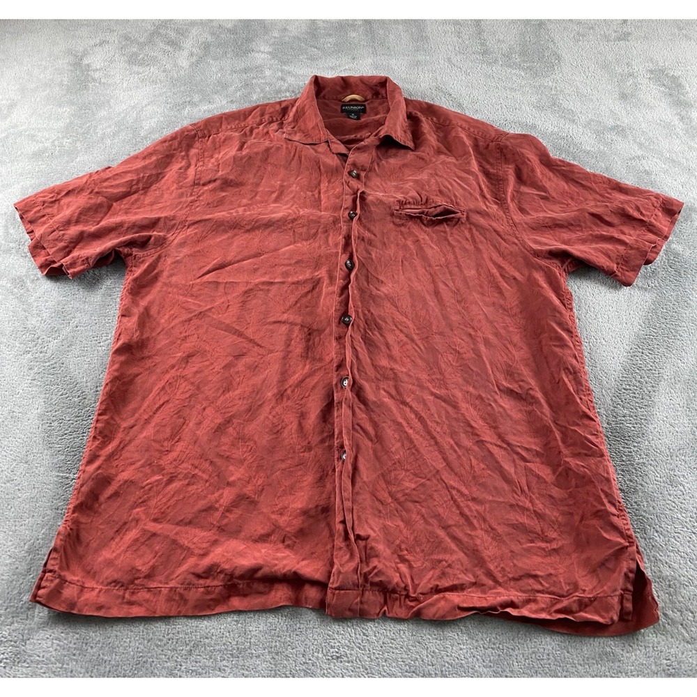 Reunion Menswear Silk Short Sleeve Button Down Shirt Red Jacquard Leaf Size M